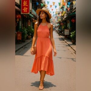 NWTs All in Favor Maxi Dress Coral Halter Ruffle Autumn Parisian Boho Party